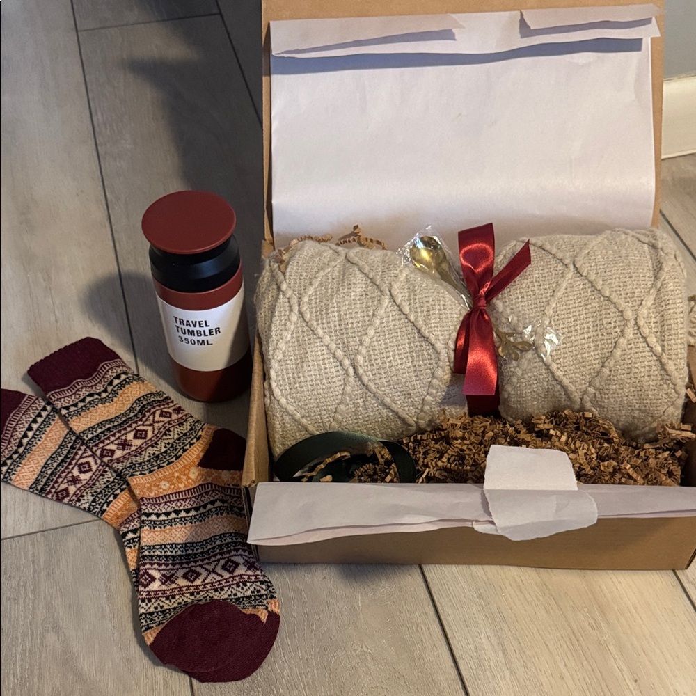 Kismet by Me Tan Blanket, socks, mini spoon, tumbler, and tea set